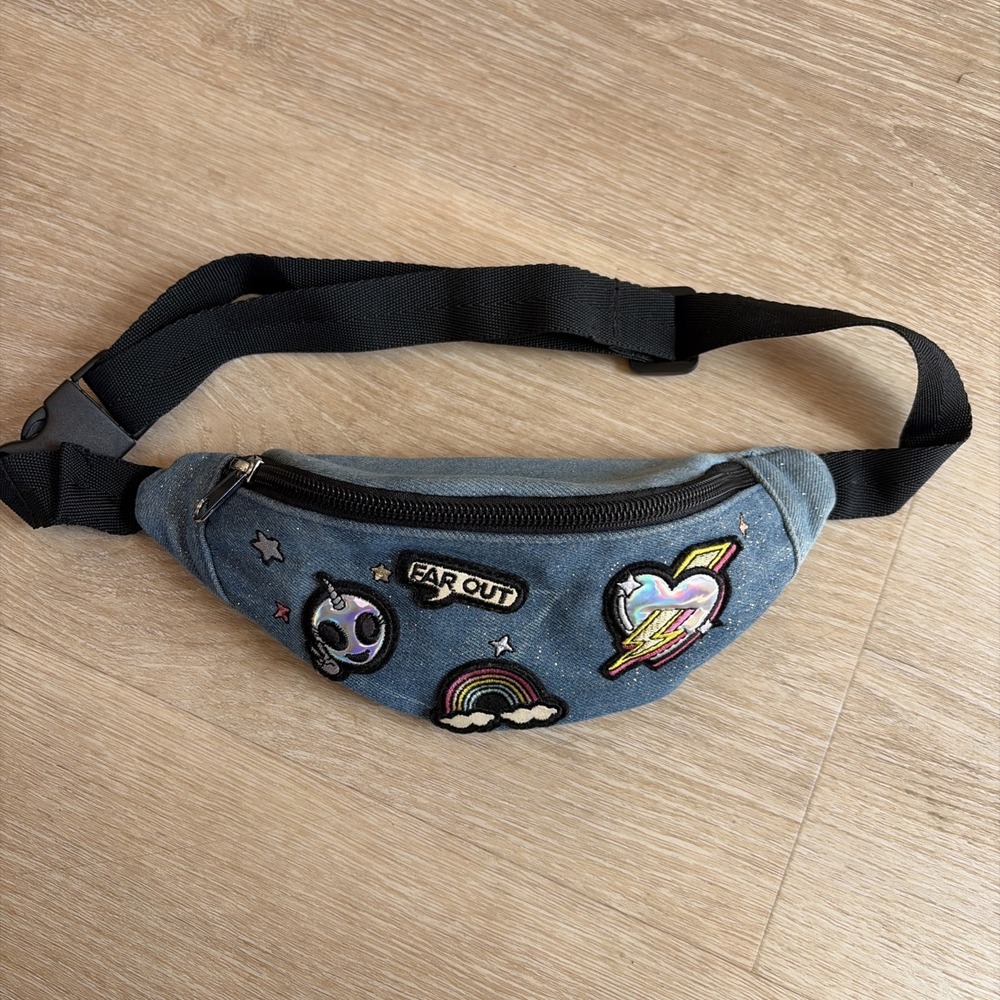 Y2K Denim Fanny Pack Alien Rainbow Waist Bag Festival Kawaii Belt Bag Patches - Picture 3 of 12